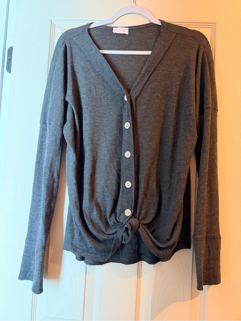 Pink Lily Charcoal Waffle Knit Tie Front Top | Size L
